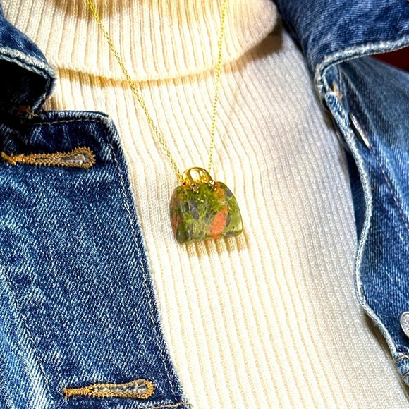 Unakite carved handbag vermeil gold pendant necklace/grounding stone for Scorpio - Picture 1 of 10